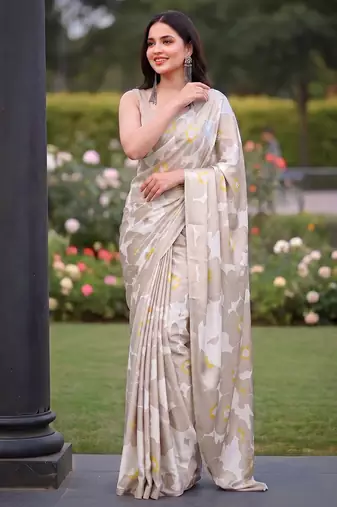 Women's luxury printed satin saree with unstitched banglory silk blend blouse piece