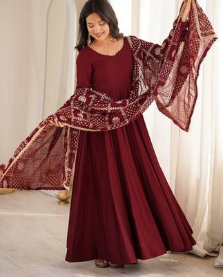premium roman silk embroidery sequence and jari work maroon readymade ethnic gown  1