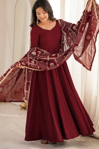 premium roman silk embroidery sequence and jari work maroon readymade ethnic gown 