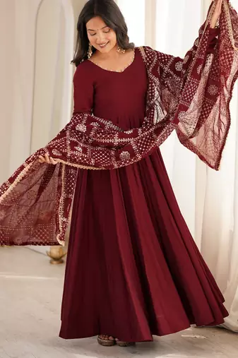 premium roman silk embroidery sequence and jari work maroon readymade ethnic gown 