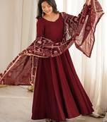 premium roman silk embroidery sequence and jari work maroon readymade ethnic gown 