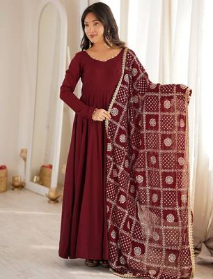 premium roman silk embroidery sequence and jari work maroon readymade ethnic gown  2
