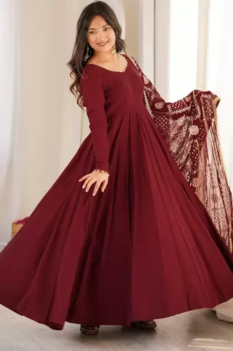 premium roman silk embroidery sequence and jari work maroon readymade ethnic gown 