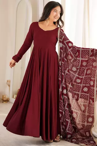 premium roman silk embroidery sequence and jari work maroon readymade ethnic gown 