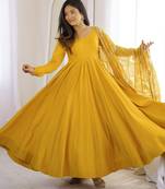 premium roman silk embroidery sequence and jari work yellow readymade ethnic gown 