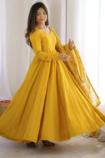 premium roman silk embroidery sequence and jari work yellow readymade ethnic gown 
