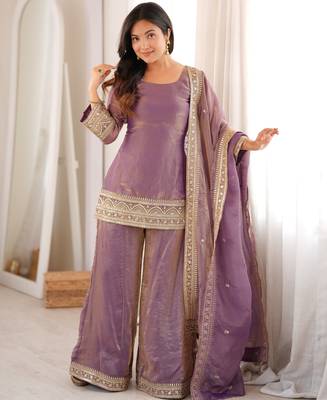 heavy silk blend embroidery sequence and jari work lavender readymade salwar suit 1