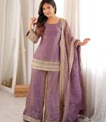 heavy silk blend embroidery sequence and jari work lavender readymade salwar suit
