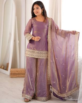 heavy silk blend embroidery sequence and jari work lavender readymade salwar suit 2