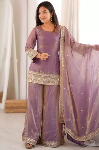 heavy silk blend embroidery sequence and jari work lavender readymade salwar suit