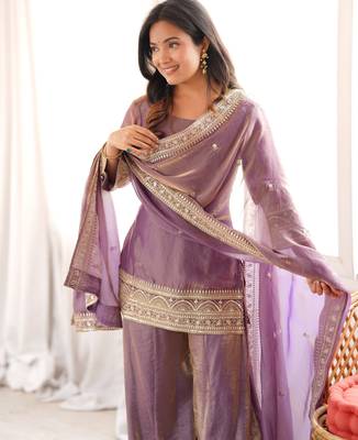 heavy silk blend embroidery sequence and jari work lavender readymade salwar suit 3