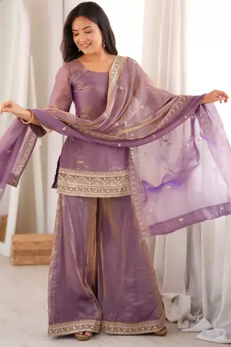 heavy silk blend embroidery sequence and jari work lavender readymade salwar suit