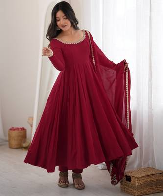 heavy chanderi silk fancy mirror lace handwork work maroon readymade ethnic gown 1