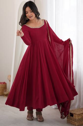 heavy chanderi silk fancy mirror lace handwork work maroon readymade ethnic gown