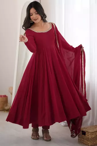 heavy chanderi silk fancy mirror lace handwork work maroon readymade ethnic gown