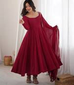 heavy chanderi silk fancy mirror lace handwork work maroon readymade ethnic gown