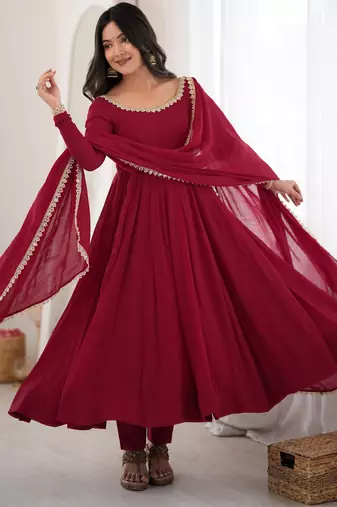 heavy chanderi silk fancy mirror lace handwork work maroon readymade ethnic gown