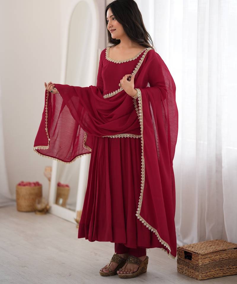 heavy chanderi silk fancy mirror lace handwork work maroon readymade ethnic gown