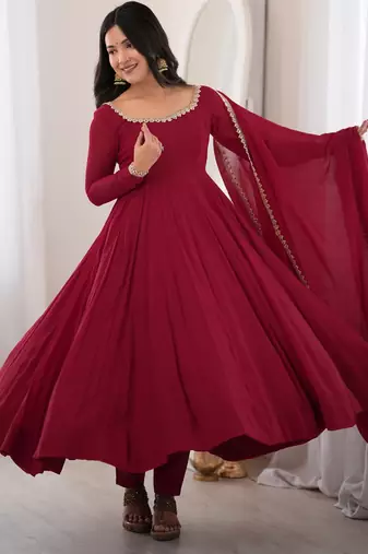 heavy chanderi silk fancy mirror lace handwork work maroon readymade ethnic gown