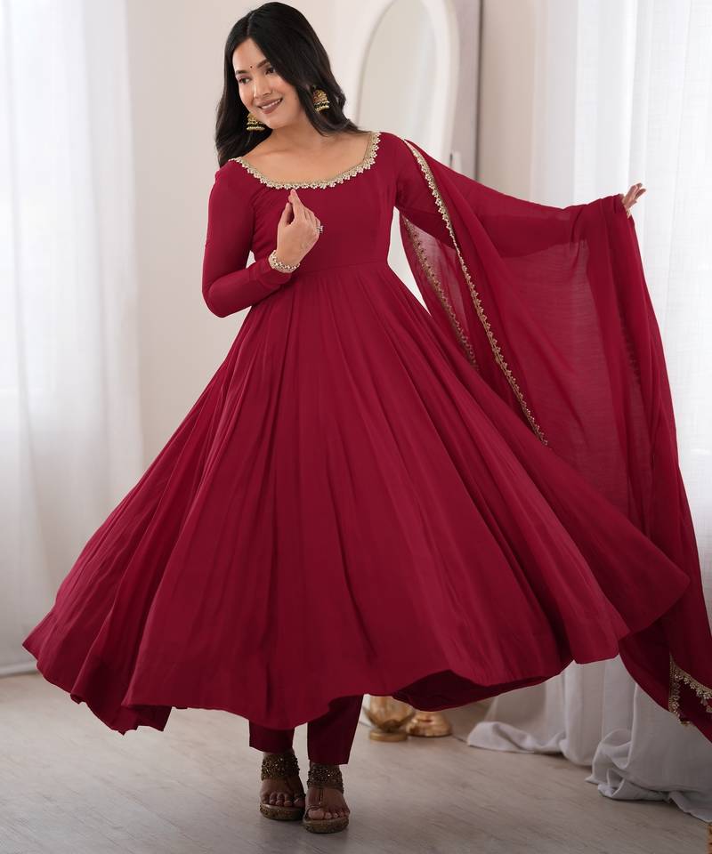 heavy chanderi silk fancy mirror lace handwork work maroon readymade ethnic gown