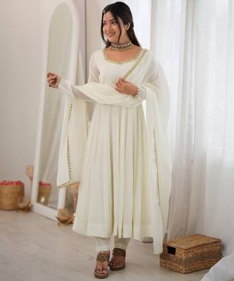 heavy chanderi silk fancy mirror lace handwork work off white readymade ethnic gown 1