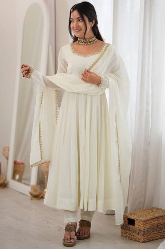 heavy chanderi silk fancy mirror lace handwork work off white readymade ethnic gown