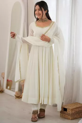 heavy chanderi silk fancy mirror lace handwork work off white readymade ethnic gown