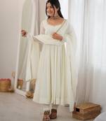 heavy chanderi silk fancy mirror lace handwork work off white readymade ethnic gown
