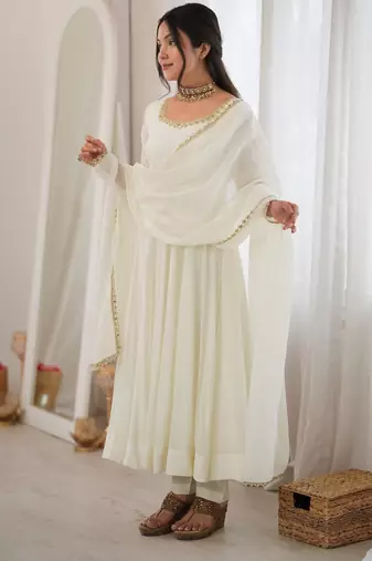 heavy chanderi silk fancy mirror lace handwork work off white readymade ethnic gown