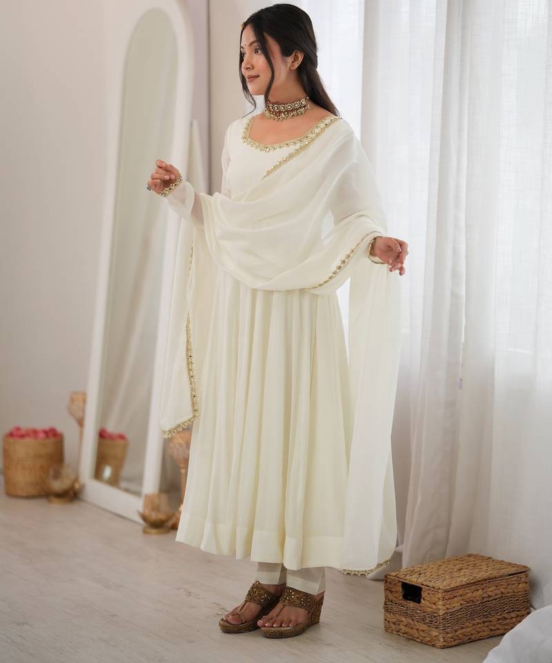 heavy chanderi silk fancy mirror lace handwork work off white readymade ethnic gown