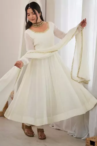 heavy chanderi silk fancy mirror lace handwork work off white readymade ethnic gown