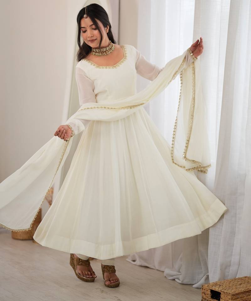 heavy chanderi silk fancy mirror lace handwork work off white readymade ethnic gown
