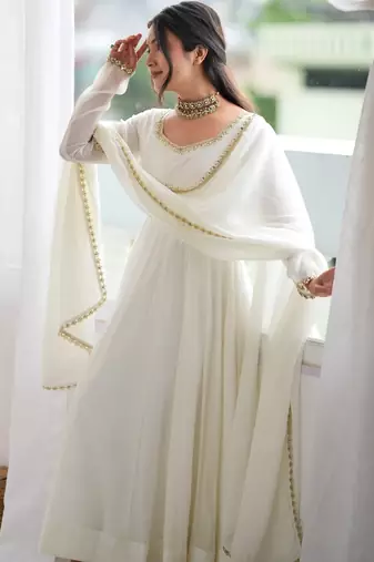 heavy chanderi silk fancy mirror lace handwork work off white readymade ethnic gown