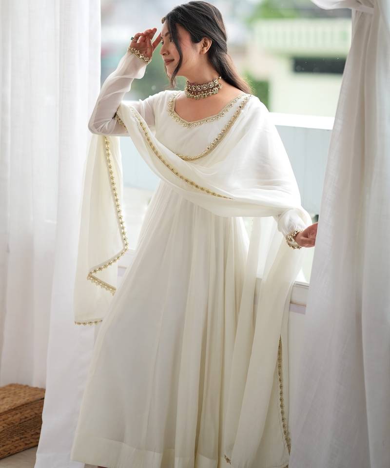 heavy chanderi silk fancy mirror lace handwork work off white readymade ethnic gown