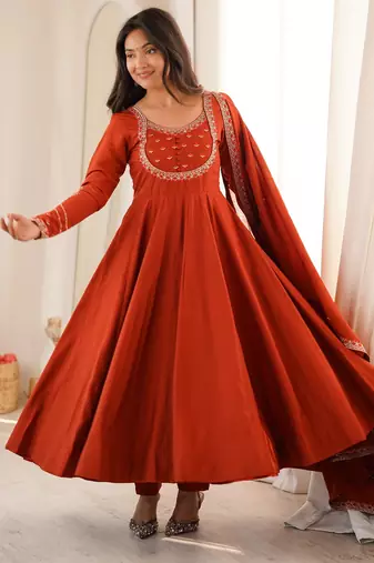 Premium  chanderi silk embroidery sequence and thread work rust readymade ethnic gown