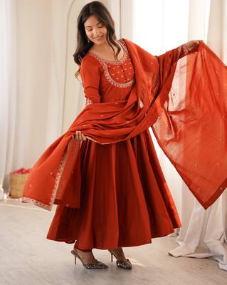 Premium  chanderi silk embroidery sequence and thread work rust readymade ethnic gown 3