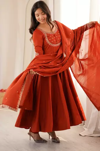 Premium  chanderi silk embroidery sequence and thread work rust readymade ethnic gown