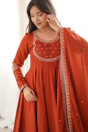 Premium  chanderi silk embroidery sequence and thread work rust readymade ethnic gown
