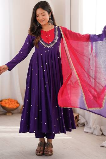 trendy roman silk embroidery sequence and mirror work purple readymade ethnic gown