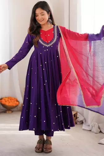 trendy roman silk embroidery sequence and mirror work purple readymade ethnic gown