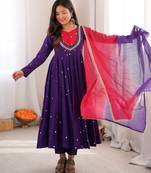 trendy roman silk embroidery sequence and mirror work purple readymade ethnic gown