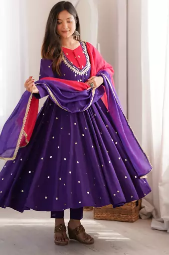 trendy roman silk embroidery sequence and mirror work purple readymade ethnic gown