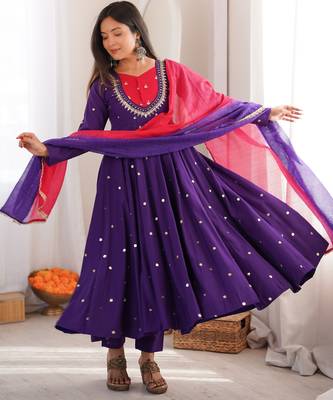trendy roman silk embroidery sequence and mirror work purple readymade ethnic gown 3