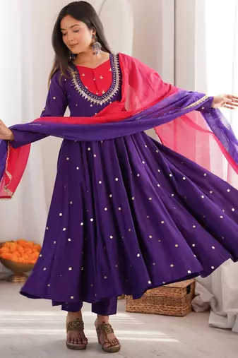 trendy roman silk embroidery sequence and mirror work purple readymade ethnic gown