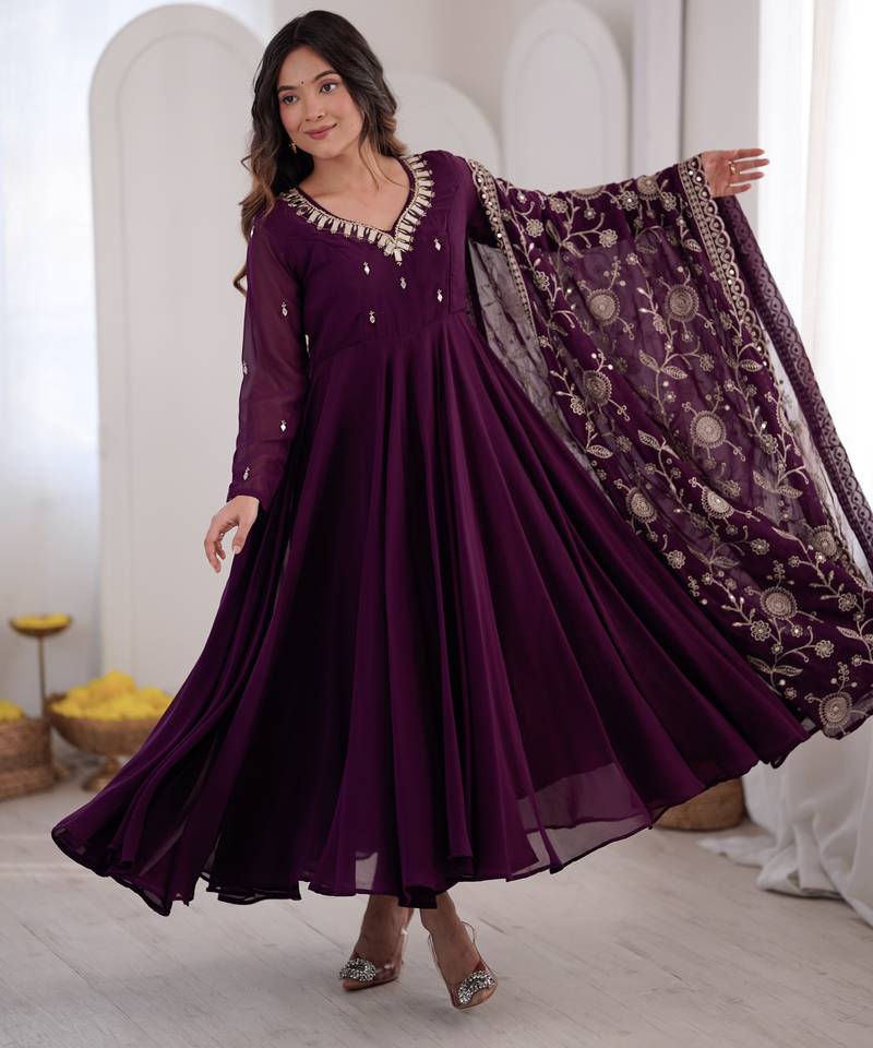 heavy fux georgette embroidery khatli work and mirror work wine readymade ethnic gown