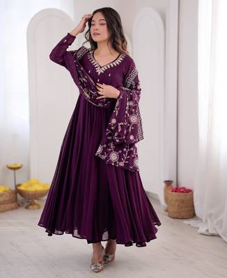 heavy fux georgette embroidery khatli work and mirror work wine readymade ethnic gown 2
