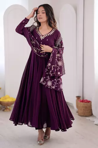 heavy fux georgette embroidery khatli work and mirror work wine readymade ethnic gown