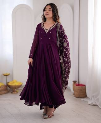 heavy fux georgette embroidery khatli work and mirror work wine readymade ethnic gown 3