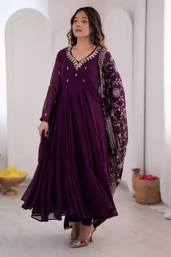 heavy fux georgette embroidery khatli work and mirror work wine readymade ethnic gown