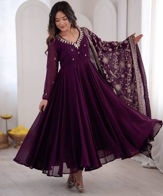 heavy fux georgette embroidery khatli work and mirror work wine readymade ethnic gown 4